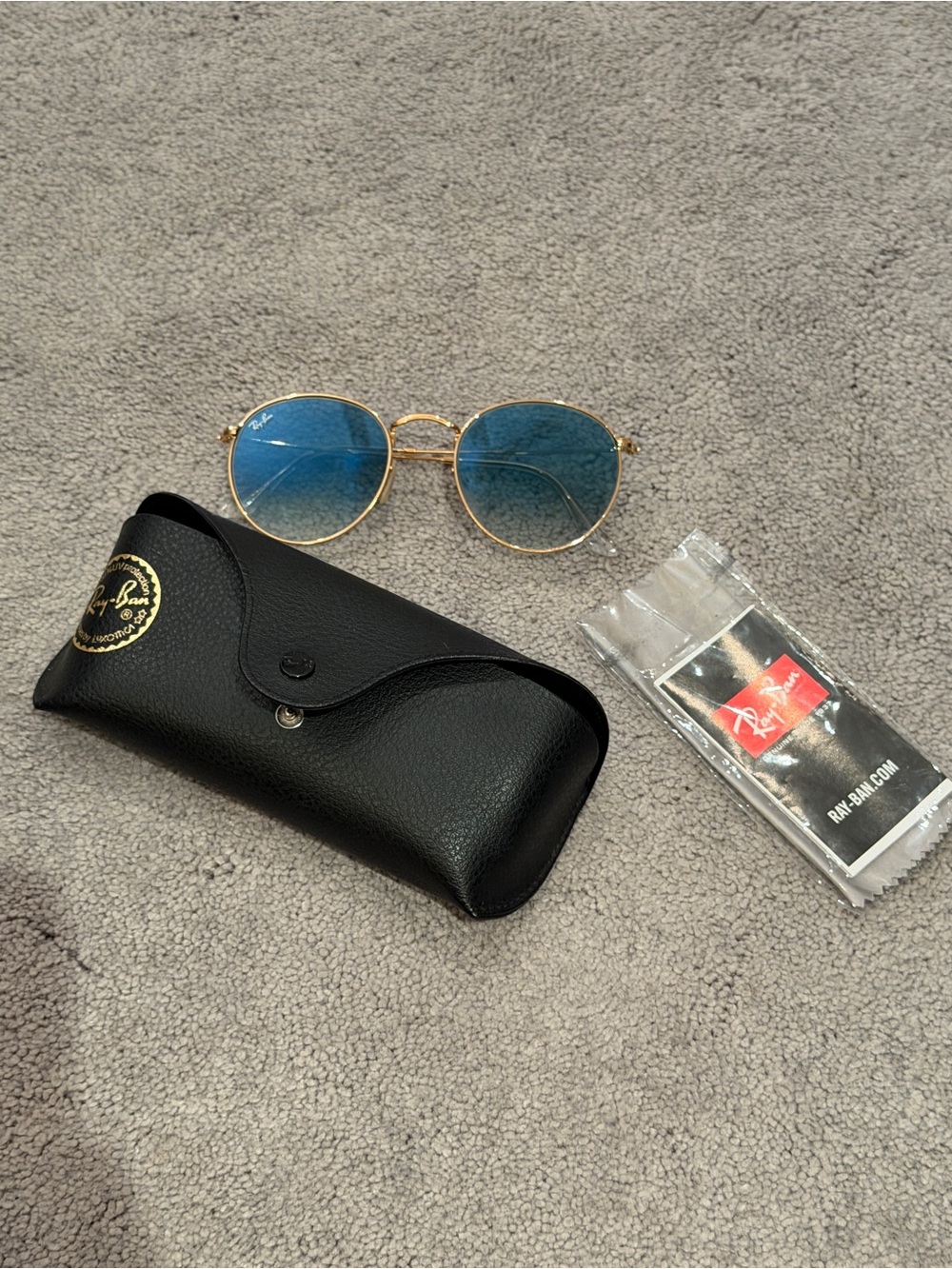 Ray-Ban Gold Frame Blue Lens Round Sunglasses